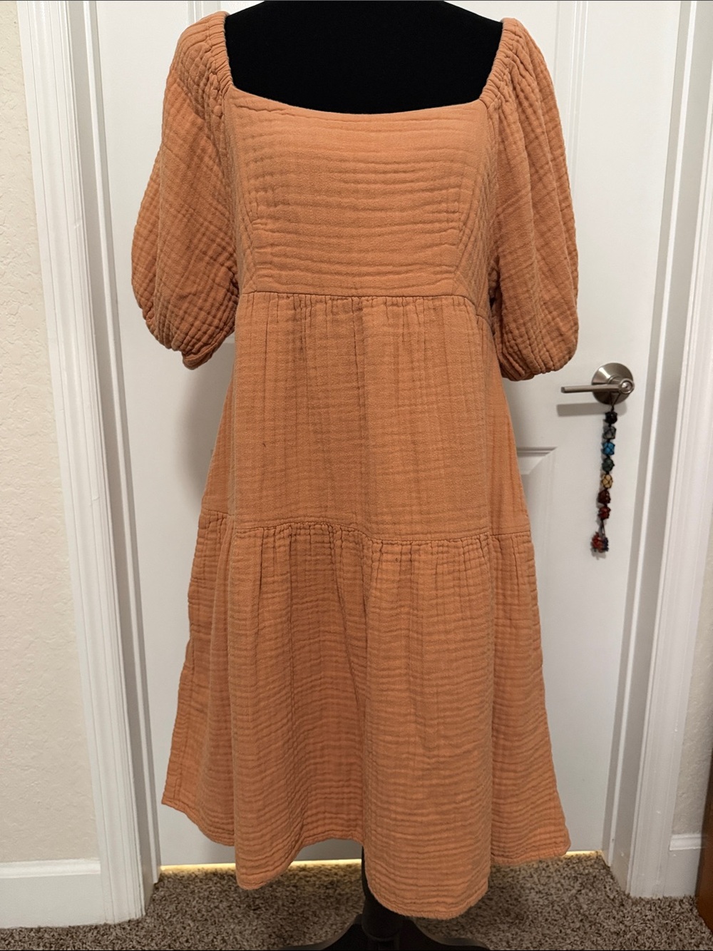 LOUNA Terracotta Cotton Gauze Square Neck Puff Sleeve Tiered Midi Dress Medium